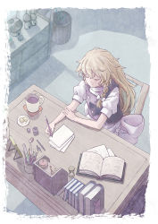 Rule 34 | 1girl, back bow, black vest, book, border, bow, braid, chair, closed eyes, commentary request, cup, eraser, from above, hair bow, highres, holding, hourglass, indoors, key, kirisame marisa, long hair, mug, no headwear, on chair, open book, plate, satyuas, shirt, short sleeves, single braid, solo, table, touhou, vest, white border, white bow, white shirt