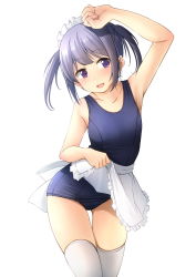 Rule 34 | 1girl, apron, apron lift, arm up, blue hair, blue one-piece swimsuit, blush, clothes lift, collarbone, commentary request, feet out of frame, head tilt, headband, highres, holding, holding clothes, holding skirt, lifted by self, maid, old school swimsuit, one-piece swimsuit, open mouth, original, purple eyes, school swimsuit, shibacha, short twintails, simple background, skirt, skirt lift, smile, solo, standing, swimsuit, thighhighs, twintails, white background, white footwear, white headband, white skirt