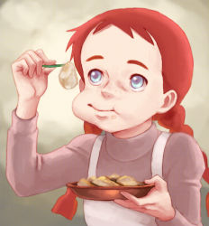 Rule 34 | 1girl, anne of green gables, anne shirley, apron, bad id, bad pixiv id, blue eyes, braid, commentary request, eating, freckles, lafolie, long hair, red hair, solo, twin braids, warabimochi, world masterpiece theater