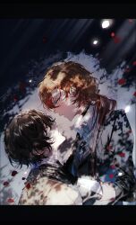 Rule 34 | 2boys, absurdres, baocaizi, black gloves, black hair, black jacket, blue eyes, blush, brown hair, bungou stray dogs, collared shirt, commentary, dappled sunlight, dazai osamu (bungou stray dogs), eye contact, face-to-face, falling petals, from side, gloves, hair between eyes, highres, jacket, layered clothes, letterboxed, light rays, long hair, long sleeves, looking at another, multiple boys, nakahara chuuya, open mouth, orange eyes, parted lips, petals, ponytail, shirt, sidelocks, sunlight, upper body, white jacket, white shirt, yaoi