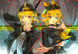 Rule 34 | 1boy, 1girl, aqua eyes, backwards hat, black eyes, blonde hair, blurry, blurry background, caution tape, chain-link fence, choker, depth of field, fence, foreshortening, hair ornament, hairpin, hat, headphones, heterochromia, hood, hoodie, kagamine len, kagamine rin, low ponytail, medium hair, nail polish, no parking sign, non-web source, open mouth, reaching, reaching towards viewer, rettou joutou (vocaloid), road sign, sailor collar, sign, symmetrical pose, two-sided fabric, two-sided shirt, vocaloid, y.a1ri, yellow nails