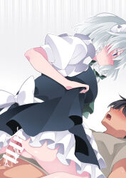 Rule 34 | 1boy, 1girl, apron, bar censor, blue eyes, blush, censored, cowgirl position, cum, cum in pussy, from side, girl on top, grey hair, hammer (sunset beach), izayoi sakuya, maid, maid apron, maid headdress, penis, sex, short hair, source request, straddling, tagme, touhou, vaginal, white background