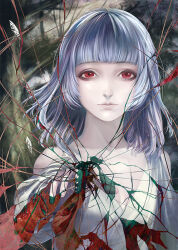 Rule 34 | 1girl, albino, bare shoulders, blunt bangs, breasts, bug, butterfly, cleavage, closed mouth, collarbone, crack, cracked glass, dress, fata morgana no yakata, insect, looking at viewer, medium hair, moyatarou, red eyes, small breasts, solo, the white-haired girl (fata morgana no yakata), upper body, white dress, white hair