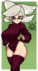 Rule 34 | + +, 1girl, border, breasts, closed mouth, cowboy shot, domino mask, earrings, green background, highres, jewelry, joeydrawss, large breasts, leotard, long sleeves, marie (splatoon), mask, mole, mole under eye, nintendo, pointy ears, red leotard, red thighhighs, silver hair, simple background, solo, splatoon (series), tentacle hair, thick eyebrows, thighhighs, turtleneck, white border, wide hips, yellow eyes