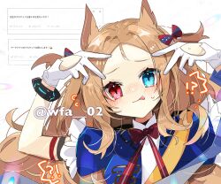 Rule 34 | !?, 1girl, :p, animal ears, archetto (arknights), archetto (publicity strategy) (arknights), arknights, artist name, bird ears, bird girl, blue dress, blue eyes, blush, bow, bowtie, bracelet, brown hair, closed mouth, clothing cutout, commentary request, cutout gloves, double v, dress, forehead, gloves, heart cutout, heterochromia, infection monitor (arknights), itsuki 02, jewelry, long hair, looking at viewer, nose blush, official alternate costume, red bow, red bowtie, red eyes, short sleeves, solo, tongue, tongue out, twitter username, upper body, v, white gloves
