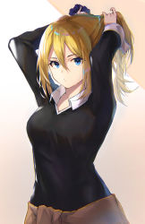 Rule 34 | 1girl, absurdres, arms up, black sweater, blonde hair, blouse, blue eyes, blue scrunchie, brown cardigan, cardigan, unworn cardigan, clothes around waist, collared shirt, hair between eyes, hair ornament, hair scrunchie, hayasaka ai, highres, kaguya-sama wa kokurasetai ~tensai-tachi no renai zunousen~, long sleeves, looking at viewer, school uniform, scrunchie, shirt, shuuchiin academy school uniform, sidelocks, solo, sweater, sweater around waist, taht (that is mm), tying hair, white shirt