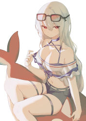 Rule 34 | 1girl, absurdres, arknights, bare shoulders, blue choker, blue shorts, breasts, choker, cleavage, commentary, eyewear on head, feet out of frame, hair between eyes, hand up, highres, large breasts, long hair, looking at viewer, midriff, navel, no headwear, off-shoulder shirt, off shoulder, official alternate costume, red (aba02), red eyes, shirt, short shorts, short sleeves, shorts, silver hair, simple background, sitting, skadi (arknights), skadi (waverider) (arknights), solo, stomach, sunglasses, thigh strap, thighs, very long hair, white background, white shirt