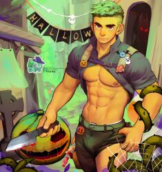 Rule 34 | 1boy, abs, banner, bara, bare pectorals, belt, blood, bloody knife, bloody weapon, blue shirt, bone, breezem18, bulbasaur, bulge, candy, chest harness, collared shirt, creatures (company), evil eyes, food, game freak, gen 1 pokemon, green hair, halloween, halloween costume, harness, highres, holding, holding knife, holding weapon, holster, kitchen knife, knife, large ears, large pectorals, looking at viewer, male focus, muscular, muscular male, navel, nintendo, nipples, pants, pectorals, personification, plant, pokemon, pumpkin, red eyes, shirt, short hair, shoulder holster, silk, skull, smile, spider web, sprout, sprout on head, thick eyebrows, tombstone, vines, weapon