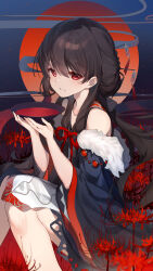 Rule 34 | 1girl, bare shoulders, bison cangshu, black hair, braid, commentary request, feet out of frame, flower, fur-trimmed sleeves, fur trim, hair between eyes, hands up, highres, holding, knees together feet apart, long hair, long sleeves, looking at viewer, off shoulder, original, parted lips, red eyes, red flower, solo, spider lily, very long hair, wide sleeves