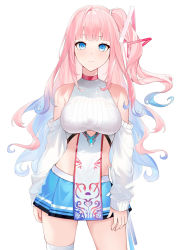 Rule 34 | 1girl, bare shoulders, blue eyes, blue hair, blue skirt, blush, breasts, bustier, closed mouth, contrapposto, cowboy shot, crop top, detached sleeves, gradient hair, hair ornament, highres, large breasts, long hair, long sleeves, looking at viewer, miniskirt, multicolored hair, one side up, pink hair, pleated skirt, propro production, ribbed sweater, simple background, single thighhigh, skirt, solo, sweater, sylviez, thighhighs, turtleneck, turtleneck sweater, very long hair, virtual youtuber, wavy hair, white background, white sweater, white thighhighs, yumesaki mia