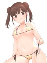 Rule 34 | 1girl, bare arms, bare shoulders, bikini, breasts, brown hair, commentary request, double bun, hair bun, highres, idolmaster, idolmaster shiny colors, kunugi miyaco, licking lips, looking at viewer, looking down, medium breasts, micro bikini, navel, red eyes, short twintails, side-tie bikini bottom, skindentation, solo, sonoda chiyoko, stomach, string bikini, striped bikini, striped clothes, swimsuit, tongue, tongue out, twintails, white background