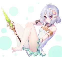 Rule 34 | barefoot, closed mouth, elf, hair between eyes, highres, kokkoro (princess connect!), kokkoro (summer) (princess connect!), looking at viewer, pointy ears, princess connect!, red eyes, shimon (31426784), short hair, simple background, solo, swimsuit, white background, white hair