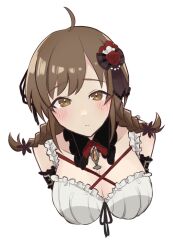 Rule 34 | 1girl, ahoge, assault lily, bare shoulders, belt buckle, black bow, black ribbon, blush, bow, braid, breasts, brown eyes, brown hair, buckle, cleavage, closed mouth, commentary request, cropped arms, cropped torso, cross-laced clothes, cross-laced top, detached collar, detached sleeves, flower, frilled shirt, frills, hair bow, hair flower, hair ornament, hair ribbon, highres, imu (2011imuru), jewelry, large breasts, looking at viewer, low twin braids, low twintails, medium hair, official alternate costume, pendant, red flower, red rose, ribbon, rokkaku shiori, rose, shirt, simple background, sleeveless, sleeveless shirt, solo, striped, striped bow, twin braids, twintails, upper body, white background, white shirt