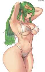 Rule 34 | 1girl, armpits, arms behind head, arms up, ass, beta hime, bikini, blush, breasts, cowboy shot, front-tie bikini top, front-tie top, green eyes, green hair, highleg, highres, kid icarus, kid icarus uprising, large breasts, long hair, looking at viewer, navel, nintendo, palutena, ponytail, solo, swimsuit, thick thighs, thighs, tiara, very long hair, white background