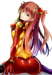 Rule 34 | 1girl, ass, blue eyes, bodysuit, breasts, brown hair, butt crack, cure slum, from behind, highres, long hair, looking at viewer, looking back, medium breasts, multicolored clothes, neon genesis evangelion, parted lips, plugsuit, sitting, solo, souryuu asuka langley, test plugsuit, wariza