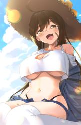 Rule 34 | 1girl, :d, ahoge, bandaid, bandaid on cheek, bandaid on face, black jacket, blue shorts, blue sky, blush, breasts, brown eyes, brown hair, brown hat, cleavage, cleavage cutout, clothing cutout, collarbone, commentary, commission, creatures (company), crop top, crop top overhang, day, fang, game freak, hat, highres, jacket, large breasts, lens flare, long hair, looking at viewer, navel, nintendo, open clothes, open fly, open jacket, open mouth, outdoors, pokemon, pokemon sm, short shorts, shorts, sightseer (pokemon), single bare shoulder, sitting, skin fang, sky, smile, solo, stomach, straight hair, straw hat, thighhighs, thong, twin (tt lsh), unbuttoned, underboob, very long hair, white thighhighs