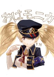 Rule 34 | 1girl, absurdres, armband, ascot, big hair, black hat, black jacket, blonde hair, brown eyes, closed mouth, dated, granblue fantasy, hat, highres, jacket, long hair, long sleeves, looking at viewer, luicent, monika weisswind, peaked cap, red ascot, shirt, simple background, smile, solo, twintails, white background, white shirt