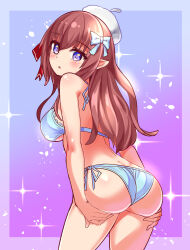 Rule 34 | 1girl, ass, ass focus, ass support, bare shoulders, beret, blush, bow, bra, breasts, brown hair, character request, cougar (cougar1404), from behind, hair bow, hat, huge ass, large breasts, long hair, looking at viewer, looking back, open mouth, panties, pointy ears, purple eyes, side-tie panties, sideboob, solo, underwear, wedgie