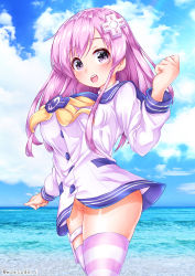 Rule 34 | 1girl, :o, absurdres, ass, blush, bottomless, breasts, clenched hand, cowboy shot, d-pad, d-pad hair ornament, day, dress, hair ornament, hand up, happy, highres, long hair, looking at viewer, medium breasts, moesode i, neckerchief, nepgear, neptune (series), no panties, ocean, outdoors, purple eyes, purple hair, pussy, sailor dress, short dress, solo, striped clothes, striped thighhighs, teeth, thigh strap, thighhighs, thighs, uncensored, upper teeth only, upskirt, yellow neckerchief