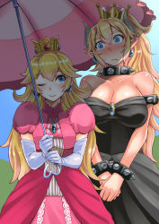 Rule 34 | 2girls, armlet, bare shoulders, black dress, blonde hair, blue gemstone, blush, bowsette, bracelet, breasts, collar, collarbone, commentary request, crown, dress, earrings, elbow gloves, fang, forked eyebrows, gem, gloves, horns, jewelry, kokuriu, large breasts, long hair, mario (series), multiple girls, new super mario bros. u deluxe, nintendo, one eye closed, pink dress, princess peach, smile, spiked armlet, spiked bracelet, spiked collar, spikes, super crown, sweatdrop, thick eyebrows, umbrella, white background