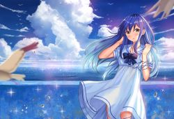 Rule 34 | 1girl, :o, ame sagari, animal, bird, blue bow, blue bowtie, blue hair, blue ribbon, blue sky, blue theme, blurry, blush, bow, bowtie, brown eyes, cloud, cloudy sky, collarbone, commentary request, day, depth of field, dress, floating hair, flock, glint, hand in own hair, hands up, horizon, long hair, looking at viewer, ocean, original, outdoors, parted lips, ribbon, sailor collar, sailor dress, scenery, short sleeves, sidelocks, sky, solo, standing, water, water drop, white dress, white sailor collar, wind