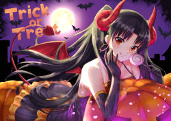 Rule 34 | 1girl, :q, bat (animal), black gloves, black hair, collarbone, demon tail, demon wings, dress, elbow gloves, fate/grand order, fate (series), floating hair, full moon, gloves, halloween, halloween costume, horns, ishtar (fate), ishtar (fate), kelinch1, layered dress, long dress, long hair, looking at viewer, moon, red eyes, red wings, sleeveless, sleeveless dress, smile, solo, tail, tongue, tongue out, trick or treat, twintails, very long hair, wings