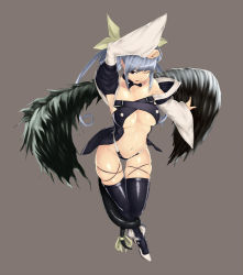 Rule 34 | 1girl, arc system works, asymmetrical wings, bare shoulders, blue hair, breasts, brown eyes, cleavage, dizzy (guilty gear), guilty gear, large breasts, legs, long hair, midriff, one eye closed, ribbon, skindentation, solo, tail, tail ornament, tail ribbon, thighhighs, toshi makoto, twintails, underboob, wings, wink