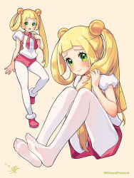Rule 34 | 1girl, :d, alternate hairstyle, backpack, bag, blonde hair, blush, closed mouth, commentary, cosplay, creatures (company), eyelashes, game freak, green eyes, hair bobbles, hair ornament, hair rings, highres, kinocopro, lillie (pokemon), long hair, mira (pokemon), mira (pokemon) (cosplay), multiple views, nintendo, open mouth, pantyhose, pink footwear, pink shorts, pokemon, pokemon dppt, pokemon sm, raised eyebrows, shirt, shoes, short sleeves, shorts, smile, soles, white pantyhose, white shirt, yellow bag