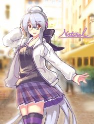 Rule 34 | 1girl, :d, ahoge, bespectacled, bow, glasses, hair bow, happy, headphones, hourou, jacket, jewelry, long hair, nail polish, necklace, open mouth, pleated skirt, purple nails, red eyes, silver hair, skirt, smile, solo, striped clothes, striped thighhighs, thighhighs, very long hair, vocaloid, yowane haku