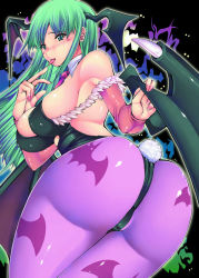 Rule 34 | 1girl, animal print, ass, bat print, bat wings, bent over, blush, breasts, capcom, cleavage, covered erect nipples, demon girl, elbow gloves, from behind, gloves, green eyes, green hair, head wings, huge ass, large breasts, leggings, leotard, long hair, morrigan aensland, nail polish, pantyhose, pink nails, print legwear, red-rum, shiny clothes, skin tight, tongue, tongue out, vampire (game), wings