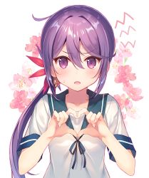 Rule 34 | 1girl, akebono (kancolle), bell, blush, breasts, commentary request, fang, flower, hair bell, hair between eyes, hair flower, hair ornament, heart, heart hands, jingle bell, kantai collection, long hair, looking at viewer, open mouth, purple eyes, purple hair, school uniform, serafuku, side ponytail, simple background, sleeve cuffs, small breasts, solo, standing, sweatdrop, takei ooki, white background