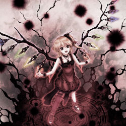 Rule 34 | 1girl, alternate costume, alternate wings, asymmetrical clothes, bare shoulders, blonde hair, female focus, flandre scarlet, jewelry, magic circle, necklace, ponytail, red eyes, short hair, side ponytail, skyspace, solo, standing, embodiment of scarlet devil, thighhighs, touhou, wings, wrist cuffs
