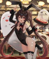 Rule 34 | 1girl, ;d, animal ears, arm up, bare shoulders, black leotard, brown hair, closed eyes, genshin impact, ghost, highres, hu tao (genshin impact), leotard, long sleeves, one eye closed, open mouth, plate, playboy bunny, rabbit ears, rabbit tail, red eyes, smile, solo, tail, the olphy, thighhighs, twintails, v, white thighhighs