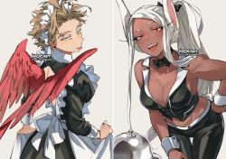 Rule 34 | 1boy, 1girl, :p, alternate costume, animal ears, apron, apron lift, bent over, black bow, black bowtie, blonde hair, boku no hero academia, bow, bowtie, clothes lift, commentary, crossdressing, dark-skinned female, dark skin, detached collar, english commentary, enmaided, hand on own hip, hawks (boku no hero academia), kadeart, maid, messy hair, mirko, rabbit ears, rabbit tail, red eyes, tan, thick eyebrows, tongue, tongue out, yellow eyes
