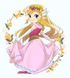 Rule 34 | 1girl, bare shoulders, belt, blonde hair, blue eyes, blush, commentary request, elbow gloves, from behind, full body, gloves, highres, jewelry, long hair, looking at viewer, looking back, maya (mayamayammy), nintendo, pink footwear, pointy ears, princess zelda, shoes, smile, the legend of zelda, the legend of zelda: the wind waker, white gloves
