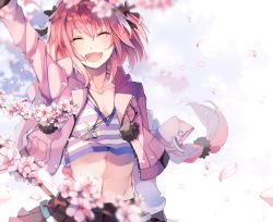 Rule 34 | 1boy, :d, ^ ^, arm up, astolfo (fate), astolfo (memories at trifas) (fate), black ribbon, braid, cherry blossoms, closed eyes, closed eyes, fang, fate/apocrypha, fate (series), hair ribbon, highres, hiyunagi, jewelry, long hair, male focus, midriff, navel, official alternate costume, open mouth, pendant, petals, pink hair, ribbon, single braid, smile, solo, trap