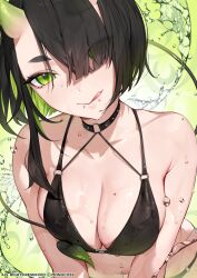 Rule 34 | 1girl, absurdres, artist name, bare arms, bare shoulders, bikini, black bikini, black choker, black hair, blush, breasts, choker, cleavage, closed mouth, collarbone, colored inner hair, green eyes, green hair, hair over one eye, halterneck, highres, horns, large breasts, licking lips, looking at viewer, mole, mole on breast, monosucre, multicolored hair, navel, o-ring, original, paid reward available, parted lips, short hair, skin-covered horns, smile, solo, swimsuit, tongue, tongue out, two-tone hair, upper body, water, wet