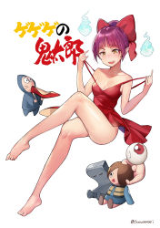 Rule 34 | 1girl, bad id, bad pixiv id, bare legs, bare shoulders, barefoot, blunt bangs, bow, breasts, character doll, cleavage, collarbone, commentary request, creature, dress, fang, feet, unworn footwear, full body, gegege no kitarou, gegege no kitarou 6, hair bow, high heels, highres, hitodama, kitarou, legs, looking at viewer, medama oyaji, medium breasts, nekomusume, nekomusume (gegege no kitarou 6), nezumi otoko, no bra, nurikabe (character), open mouth, pointy ears, purple hair, red bow, red dress, red eyes, red footwear, shoes, unworn shoes, short dress, short hair, simple background, sitting, sleeveless, sleeveless dress, suou-sensei, sweatdrop, toes, traditional youkai, translation request, twitter username, white background, yellow eyes