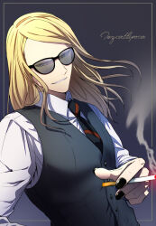 Rule 34 | 1boy, alternate costume, black nails, blonde hair, cigarette, fate/grand order, fate (series), formal, holding, holding cigarette, honchu, long hair, looking at viewer, male focus, necktie, shirt, simple background, smile, solo, sunglasses, tezcatlipoca (fate), two-tone necktie, upper body, waistcoat, white shirt
