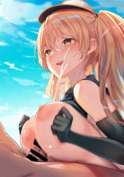 Rule 34 | 1boy, 1girl, akino komichi, bar censor, bare shoulders, bikini, bikini top lift, black bikini, black gloves, black sailor collar, blonde hair, blue sky, breasts, breasts squeezed together, censored, clothed female nude male, clothed sex, clothes lift, cloud, commentary request, cum, day, ejaculation, elbow gloves, gloves, granblue fantasy, hair between eyes, hands up, hetero, highres, large breasts, long hair, looking at another, male pubic hair, monika weisswind, monika weisswind (swimsuit) (granblue fantasy), motion blur, nipples, nude, official alternate costume, outdoors, paizuri, parted lips, penis, projectile cum, pubic hair, sailor collar, shortstack, sky, smile, solo focus, sweat, swimsuit, teeth, twintails, unaligned breasts, upper body, upper teeth only, visor cap, yellow eyes