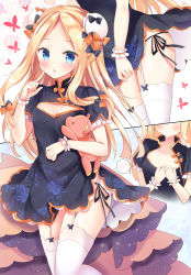 Rule 34 | 1girl, abigail williams (fate), alternate costume, bad id, bad pixiv id, black bow, black dress, black panties, blonde hair, blue eyes, blush, bow, breasts, bug, bun cover, butterfly, china dress, chinese clothes, cleavage cutout, clothing cutout, collarbone, double bun, dress, fate/grand order, fate (series), forehead, garter straps, hair bow, hair bun, highres, hip focus, holding, holding stuffed toy, index finger raised, insect, long hair, looking at viewer, masayo (gin no ame), open mouth, orange bow, panties, parted bangs, polka dot, polka dot bow, puffy sleeves, simple background, small breasts, solo, stuffed animal, stuffed toy, teddy bear, thighhighs, thighs, underwear, white background, white thighhighs, wrist cuffs