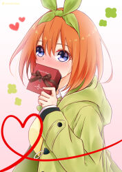 Rule 34 | 1girl, blue eyes, blush, bow, box, breasts, brown ribbon, clover, commentary request, covering own mouth, double-parted bangs, eyelashes, four-leaf clover, from side, full-face blush, gift, gift box, go-toubun no hanayome, gradient background, green bow, green jacket, green ribbon, hair between eyes, hair ribbon, hand up, heart, heart of string, highres, holding, holding gift, hood, hooded jacket, jacket, large breasts, looking at viewer, medium hair, nakano yotsuba, orange hair, pink background, ribbon, simple background, solo, straight hair, string, string of fate, ten@ (tenatdam), twitter username, upper body, upturned eyes, valentine, white background