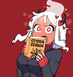 Rule 34 | 1girl, blush, book, covering own mouth, demon girl, demon horns, english text, full-face blush, heart, heart-shaped pupils, helltaker, highres, holding, holding book, horns, junsuina fujunbutsu, long sleeves, looking at viewer, modeus (helltaker), open book, open mouth, red background, red eyes, simple background, solo, symbol-shaped pupils, turtleneck, upper body, v-shaped eyebrows, white hair