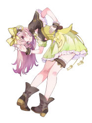 Rule 34 | 1girl, absurdres, arm up, asymmetrical sleeves, atelier (series), atelier lydie &amp; suelle, black shirt, blush, boots, bow, brown footwear, commentary request, frilled skirt, frills, from behind, full body, green skirt, hand on own hip, highres, leaning forward, long hair, looking at viewer, looking back, mismatched sleeves, mola mola, parted lips, pink hair, pleated skirt, puffy short sleeves, puffy sleeves, red eyes, shirt, short sleeves, simple background, skirt, solo, standing, suelle marlen, white background, wrist cuffs, yellow bow
