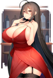 Rule 34 | 1girl, absurdres, ahoge, azur lane, bare shoulders, black hair, blush, breasts, brown hair, brown thighhighs, chixiao, choker, cleavage, cocktail dress, collarbone, commentary request, curvy, dress, finger to mouth, hair between eyes, highres, huge ahoge, huge breasts, long hair, looking at viewer, no bra, official alternate costume, plunging neckline, red choker, red dress, red eyes, sketch, solo, spaghetti strap, strap gap, taihou (azur lane), taihou (forbidden feast) (azur lane), thighhighs, very long hair