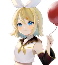 Rule 34 | 1girl, :3, balloon, blonde hair, blue eyes, blush, bow, crop top, detached sleeves, hair bow, hair ornament, hairclip, headphones, holding, holding balloon, kagamine rin, long sleeves, looking at viewer, midriff, neckerchief, number hair ornament, sailor collar, shirt, short hair, sleeveless, sleeveless shirt, smile, solo, suiren nei, upper body, vocaloid, white background