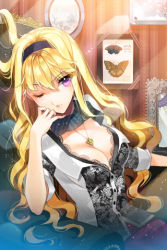 Rule 34 | 1girl, arm up, armchair, blonde hair, breasts, bug, butterfly, chair, cherrypin, cleavage, eyelashes, flower, frills, hairband, head rest, insect, jewelry, linia pacifica, long hair, lowres, mirror, moth, necklace, one eye closed, pendant, picture frame, purple eyes, sitting, solo, sword girls, wavy hair, wink