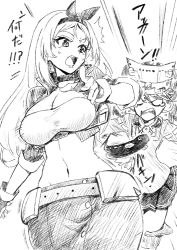 Rule 34 | 2girls, alternate costume, breasts, cleavage, commentary request, eel, fingernails, gloves, greyscale, hairband, kantai collection, large breasts, long hair, midriff, monochrome, multiple girls, navel, nelson (kancolle), open mouth, pleated skirt, race queen, ryuujou (kancolle), skirt, sweat, traditional media, translation request, tsunemi aosa, twintails, visor cap