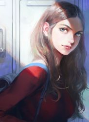 Rule 34 | 1girl, backpack, bag, blue eyes, brown hair, closed mouth, commentary request, from side, highres, lips, long hair, long sleeves, looking at viewer, looking to the side, nababa, original, red lips, red shirt, shirt, solo, sunlight, upper body
