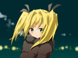 Rule 34 | 1girl, aqua eyes, blonde hair, blush, brown coat, city lights, coat, expressionless, fur trim, kamiyoshi rika, looking at viewer, original, parted lips, solo, twintails, upper body, winter clothes, winter coat